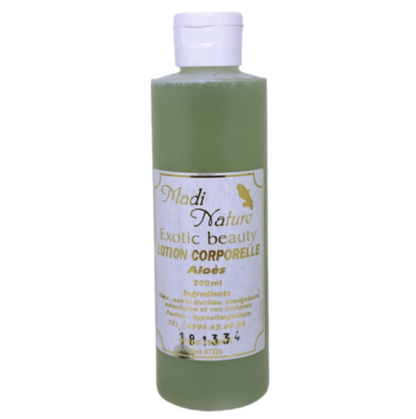Lotion corporelle ALOE-MADI NATURE-KAZ A BEAUTE Lotion hydratante pour le corps à l'ALOE vera de la marque MADI NATURE. Lotion issue du jardin local.