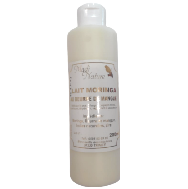 Lait MORINGA au beurre de Mangue 200ml Le Lait MORINGA au beurre de MANGUE de la marque MADI NATURE idéal pour la peau (corps & visage) et les cheveux. Nourrit Adoucit Hydrate Régénère