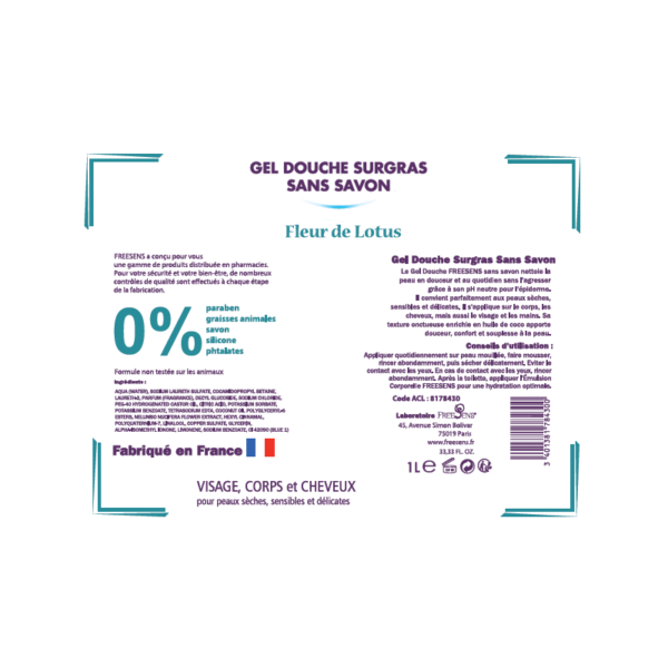 gel douche surgras fleur de lotus FREESENS BLEU